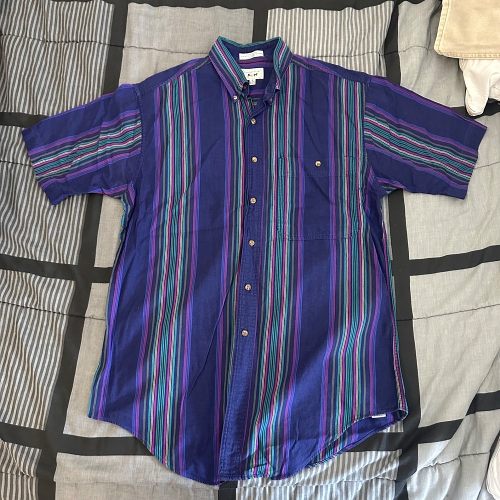 Carriage Trade Shirt Adult Medium Button Up Short Sleeve Striped USA Made Mens